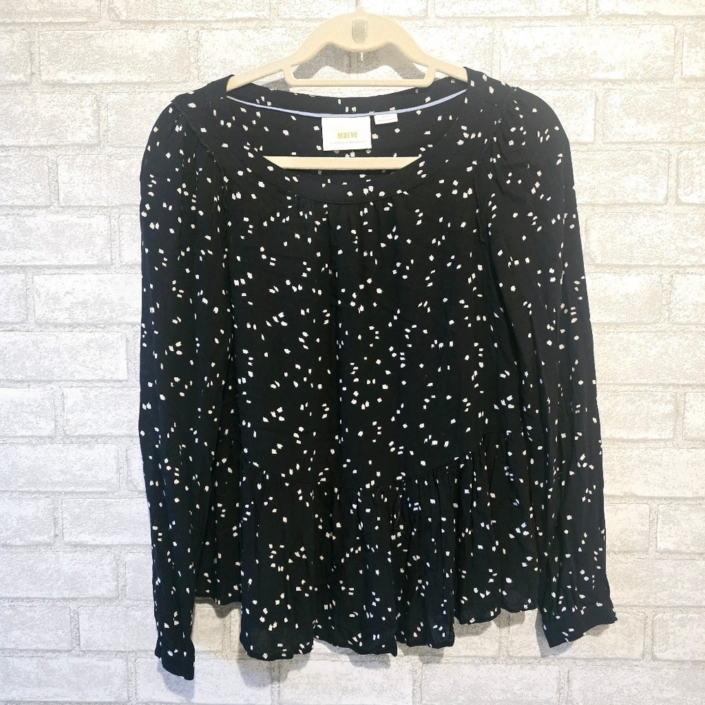 Maeve by Anthropologie Black White Dot Peplum Blouse Long Sleeve XS OB1081459
